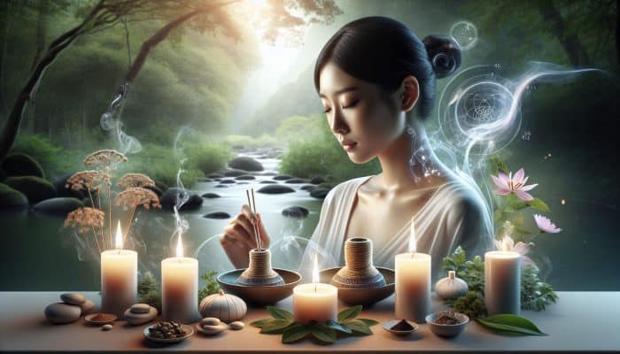 A serene Asian woman practicing moxibustion therapy amidst herbs, candles, and tranquil nature, symbolizing emotional balance.