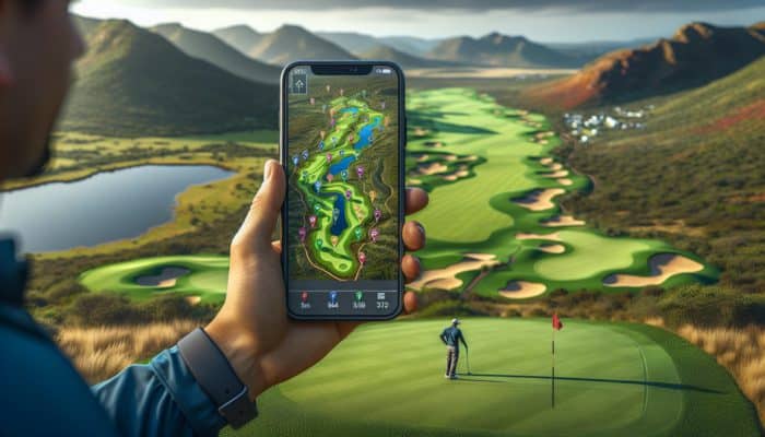 Golfer using smartphone app with detailed map of South African golf course, showing diverse terrains and strategic planning.