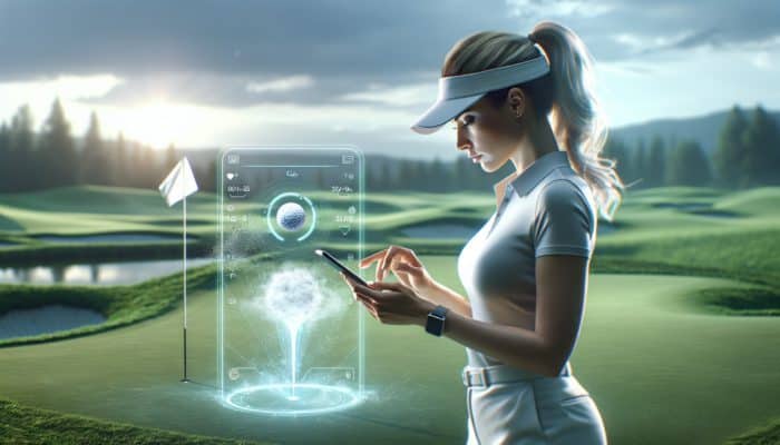 A golfer using a smartphone app on the course for structured practice, progress tracking, and real-time feedback.