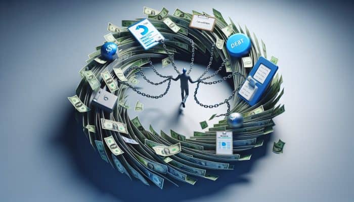 A person entangled in debt chains and money vortex, with blocked "Consolidation" path due to new debts and missed payments.