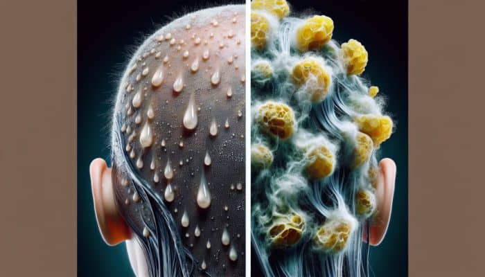 Image of two scalps: one dry with small white flakes treated with oil, the other oily with large yellowish flakes treated with antifungal shampoo.