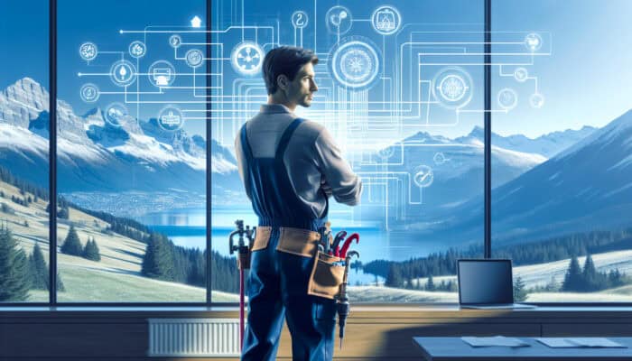 A plumber in Whistler uses advanced tools to inspect a home's plumbing, mountains visible through a window.