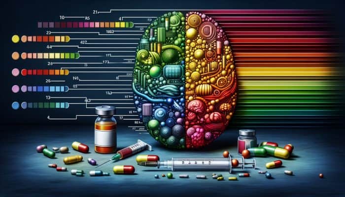 A medical chart showing vitamin B12 levels in pg/mL, with colour-coded ranges and treatment icons.