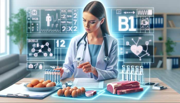 Healthcare provider reviewing B12 test results, customizing treatment with B12-rich foods and injections.