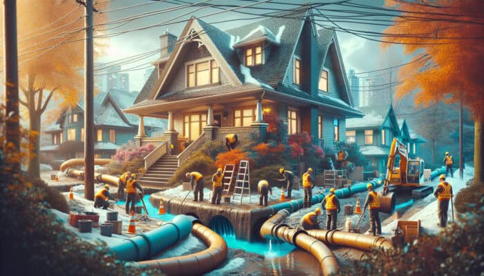 Vancouver home with trenchless drainage repair, workers and materials, amidst seasonal weather changes.