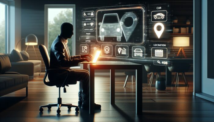 Person using laptop to search for car rentals online in a modern home office.