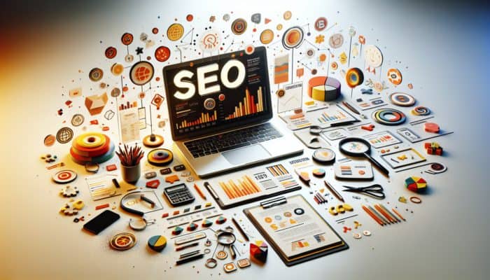 A laptop showing SEO analytics, surrounded by notes and guides on brand-driven long-tail queries, emphasizing keyword-rich content and a conversational tone.