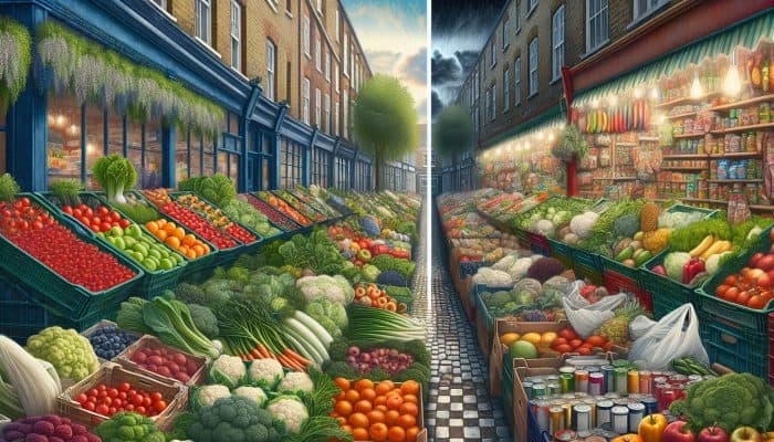 Contrasting affluent UK neighbourhoods with fresh produce markets against food deserts with limited access to healthy options.