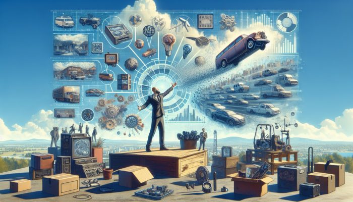 Person selling car, electronics, collectibles at a vibrant marketplace, feeling urgent relief under clear blue sky.