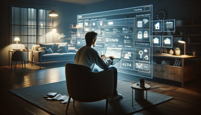 A person reviewing online booking details on a laptop in a cozy home office, with secure payment icons and a calendar.