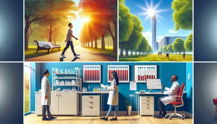 Person walking in a park after liver blood test, lab technician processing sample, doctor preparing to discuss results.