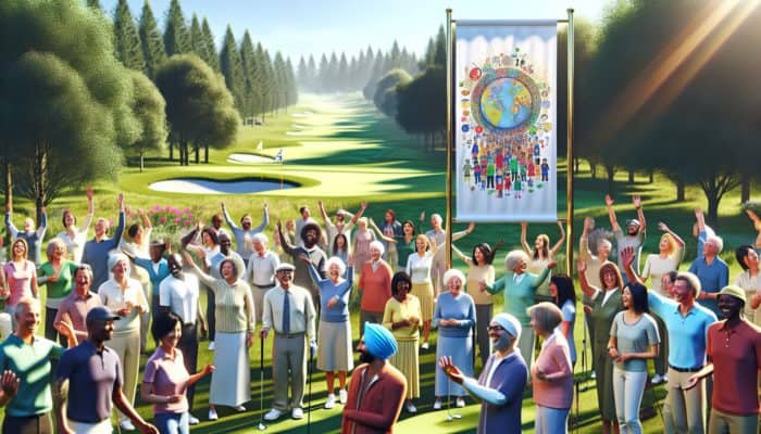 A charity golf tournament at Empangeni Country Club with diverse community members and promotional banners.