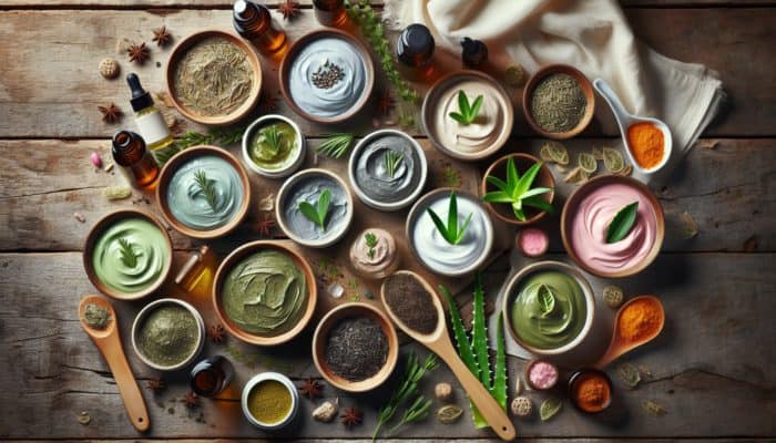 Herbal face masks for different skin types on a rustic wooden table with fresh herbs.