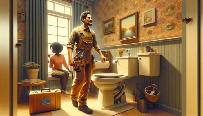 A Richmond plumber fixing a toilet, showcasing personalized service and community trust in a cozy home.