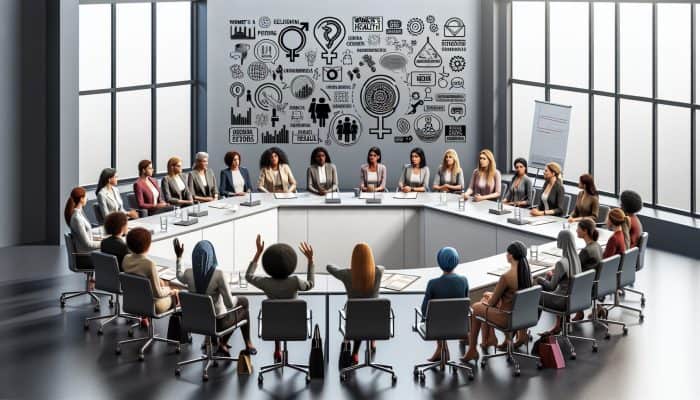A diverse group of women and policymakers discussing women's health policy changes in a conference room.
