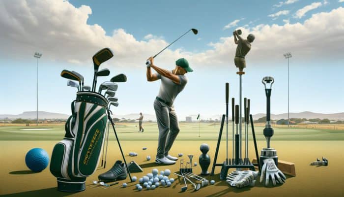 A South African golfer practicing with a coach at a sports clinic, using ergonomic tools under a clear sky.