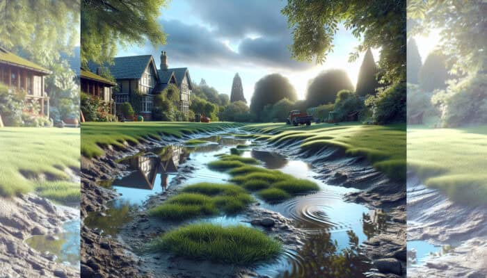 Surrey yard with standing water puddles, waterlogged soil, and inadequate slopes, showing common lawn drainage issues.