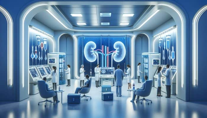 Modern medical facility in Egham for kidney blood testing, serene blue interiors, patients and staff interacting.