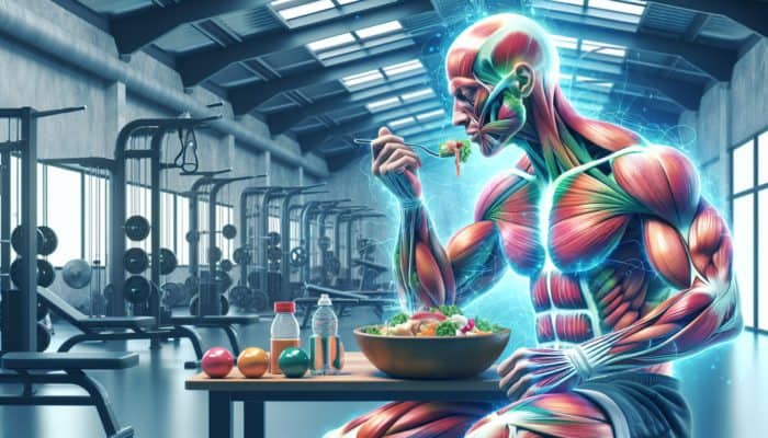 Muscular athlete eating HMB-rich meal, muscle fibers regenerating in gym setting.