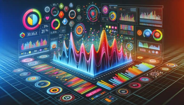 A digital dashboard showing a graph of decreasing bounce rates and increasing session durations with vibrant metrics.