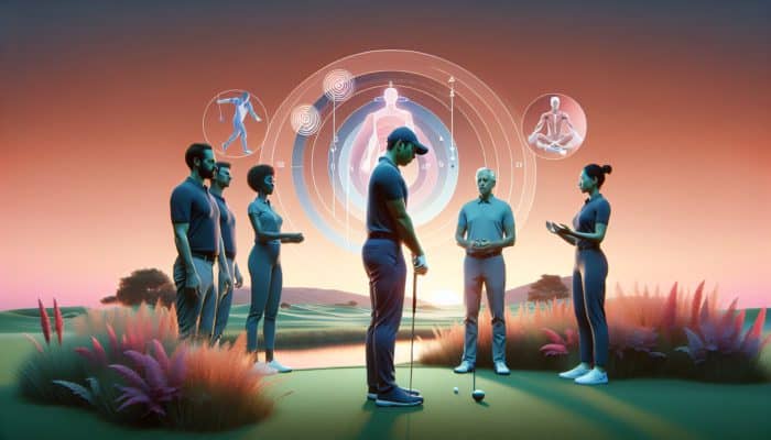 A golfer engaged in balance exercises at sunset on a golf course, guided by professionals using visual aids.