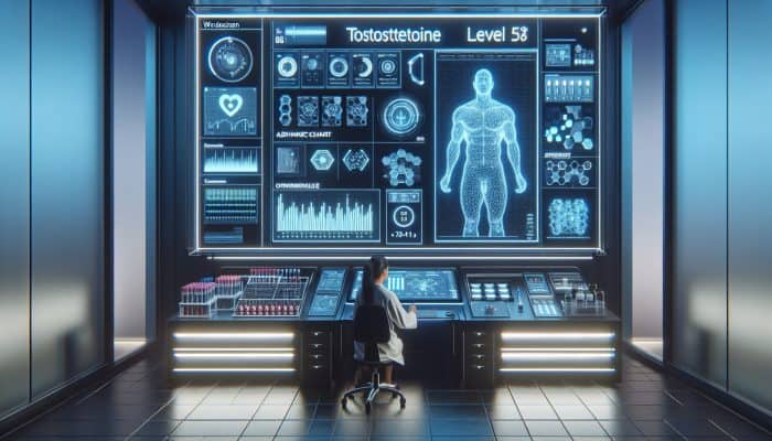 A modern lab in Windlesham with advanced equipment for testosterone testing and a scientist analyzing results.