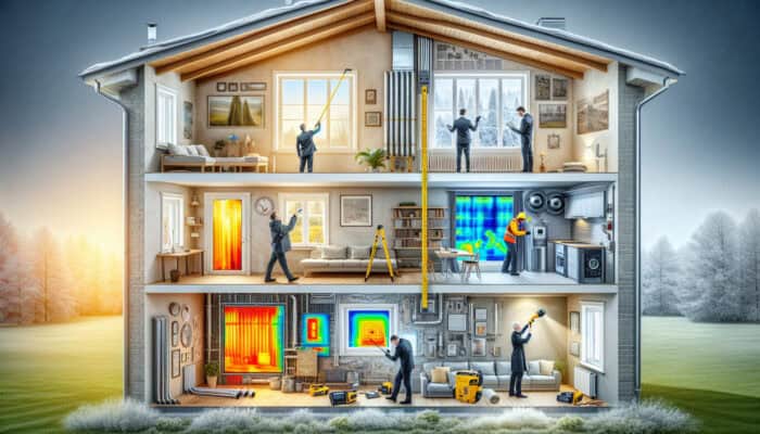 Experts evaluating home heating needs by measuring ceiling height, inspecting windows, and analyzing ductwork in a multi-level home.