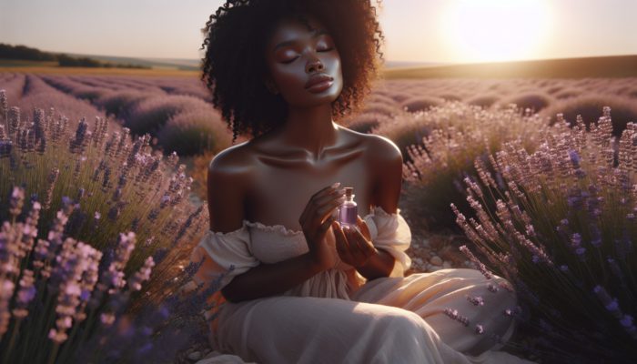 Person inhaling lavender oil amidst blooming fields, symbolising relief from anxiety and depression.