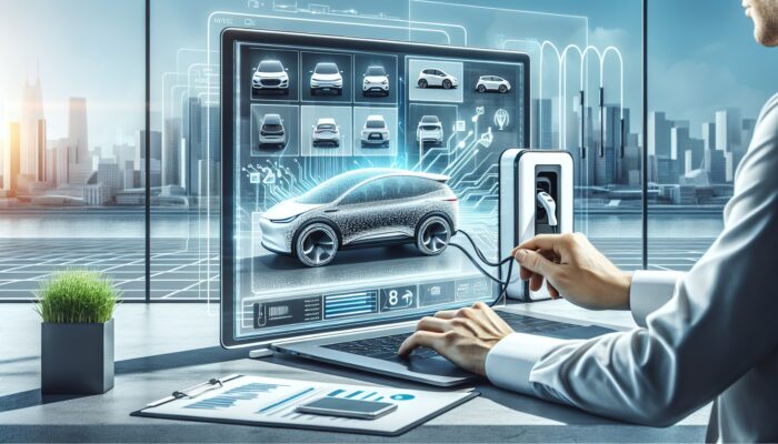 Individual completing EV rental on a laptop, showcasing EV models on the screen, with a charging station and city skyline in view.