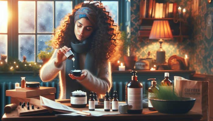 A woman with curly hair applies argan oil conditioner and treatments in a cozy UK home during winter.