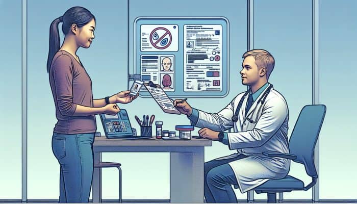 Person presenting driver's license and medical records at healthcare facility for diabetes blood test.