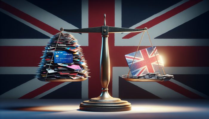A scale with credit cards and loans on one side, a glowing loan document on the other, against the UK flag.