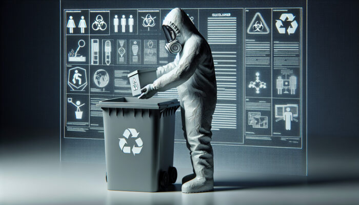 Person in hazmat suit disposing hazardous waste into recycling bin, with legal documents and guidelines nearby.