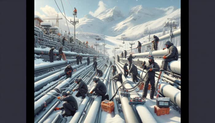 A team in Whistler's snowy mountains using specialized equipment for backflow testing amidst ski resorts.