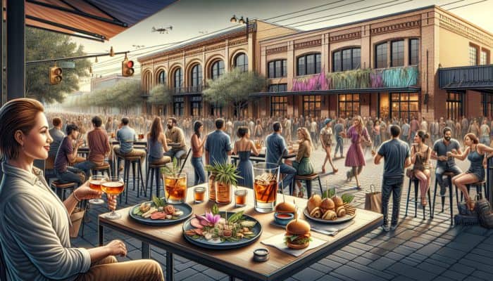 People enjoying cocktails with charcuterie boards and bourbon with sliders and tacos at Velveteen Rabbit Arts District.