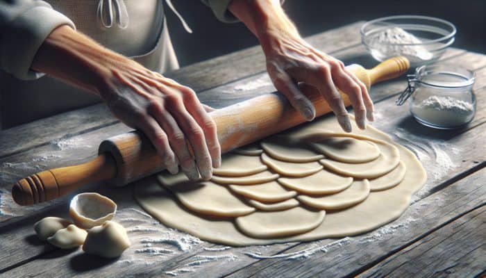 Hands rolling dough and cutting 3-inch circles with a glass on a floured surface for Polish pierogi.