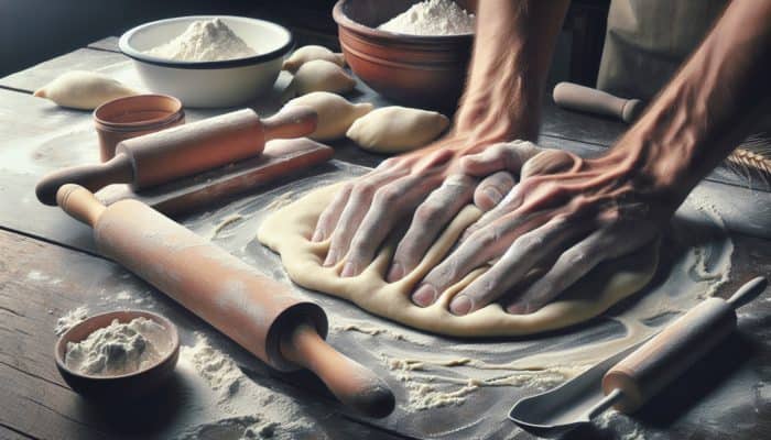 Hands kneading elastic, firm pierogi dough on a floured surface in a cozy kitchen.