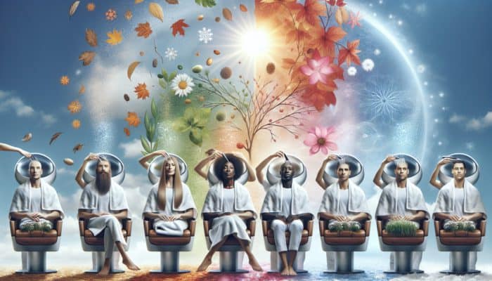 Diverse group receiving scalp treatments amidst seasonal elements, showcasing year-round care.