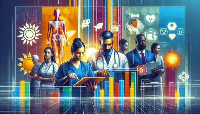 Diverse health experts analyzing vitamin D blood test results on a digital screen in a Romford clinic.