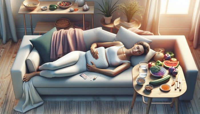 A woman using a heating pad, taking medication, doing yoga, and staying hydrated to manage menstrual cramps.