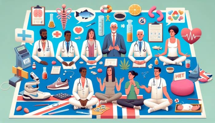 Australian health professionals discussing women's health with symbols of exercise, diet, mindfulness, and heat therapy.