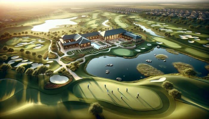 Aerial view of Ruimsig Country Club with golf courses, clubhouse, and water features at sunset.