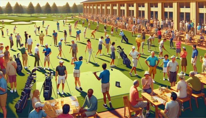 A vibrant scene at Ruimsig Country Club with diverse golfers engaging in lessons and socializing at events.