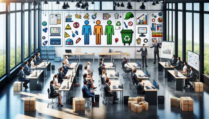 UK office training session on regulatory compliance, focusing on waste disposal and health safety documentation.