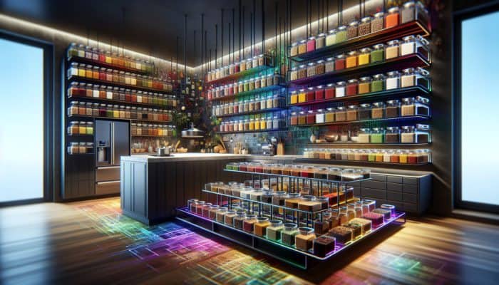A modern kitchen with stylish spice racks organizing colorful spices elegantly and efficiently.