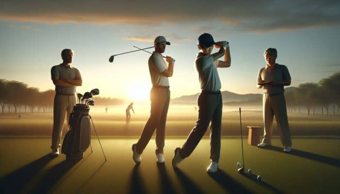 A focused golfer practicing swing drills at dawn on a serene golf course, guided by expert coaches.