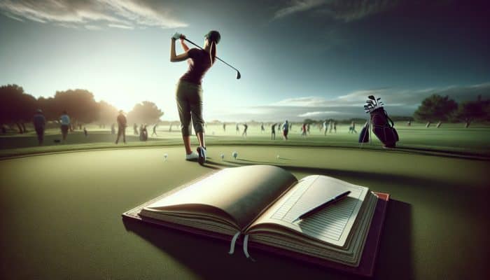 Golfer practicing focus drills on a busy course, visualizing shots, tracking progress in a journal.
