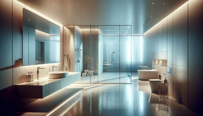 Sleek, modern bathroom featuring minimalist sink, glass-walled shower, and ambient lighting.
