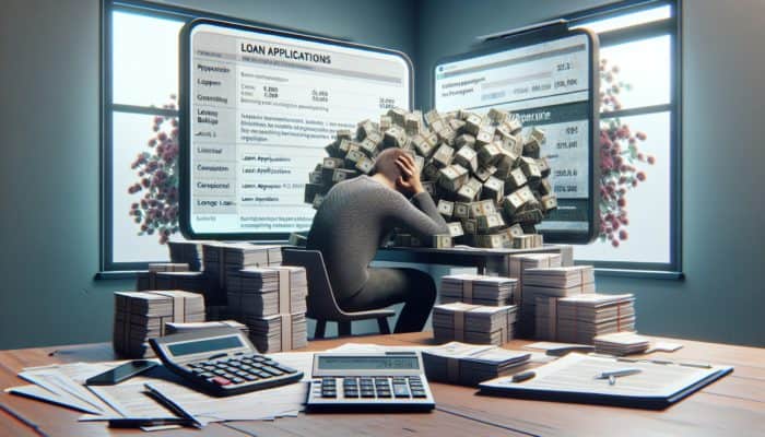 A stressed person at a cluttered desk with loan forms, calculator, and computer displaying bank logos.