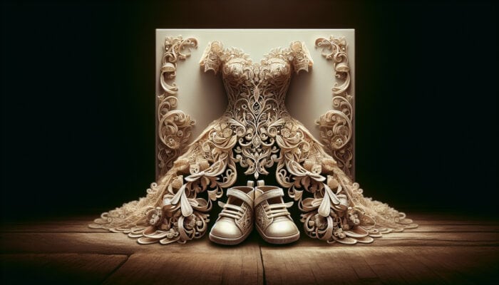 A wedding dress and child's first shoes symbolising love, commitment, and milestones in a nostalgic setting.